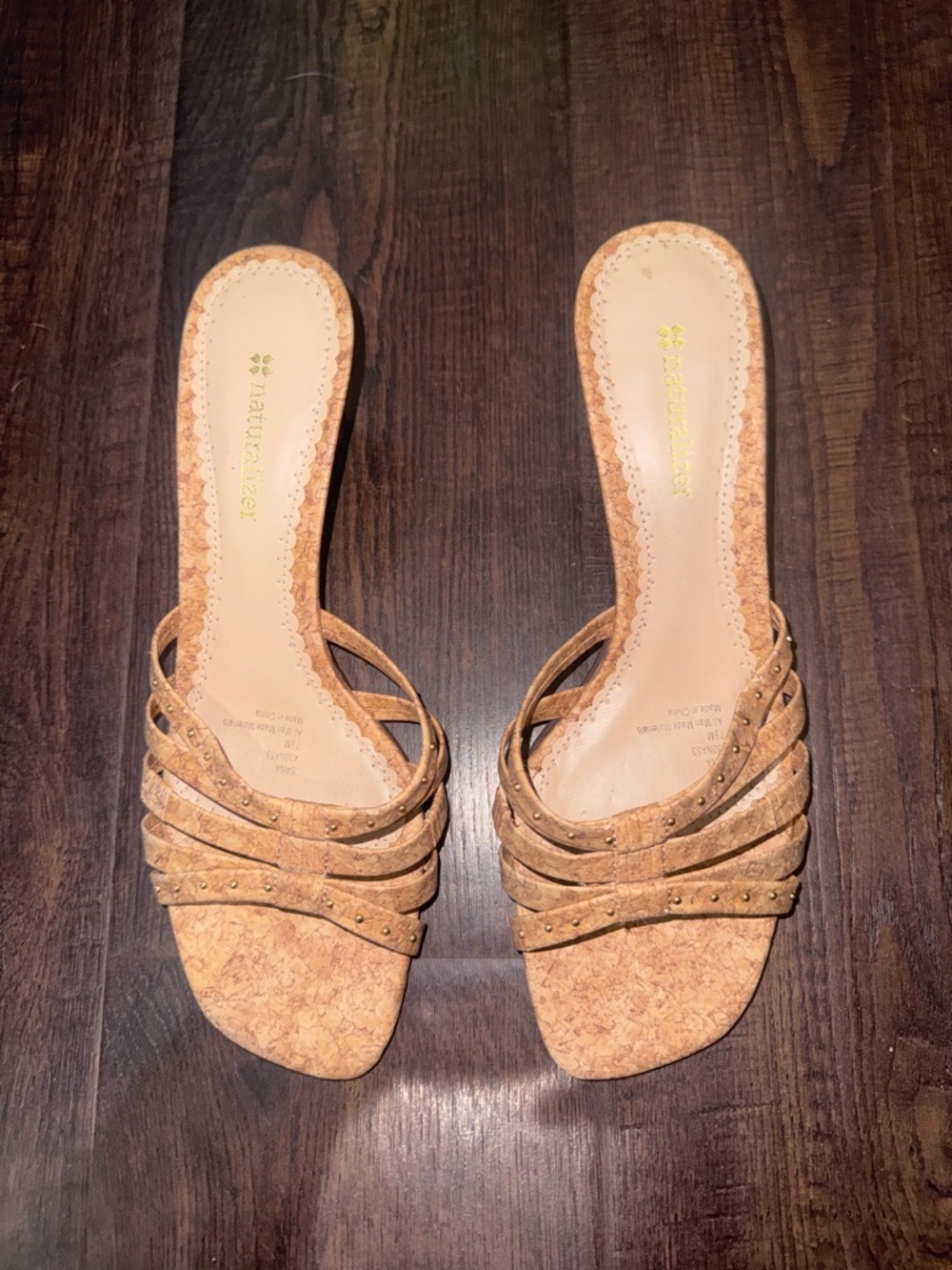 Naturalizer Cork Slide Mules in Tan with Stud Accents